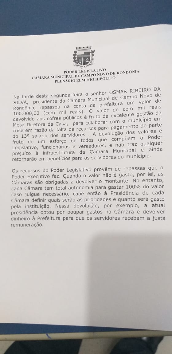 Este poder legislativo devolve cem mil reais para os cofres públicos.