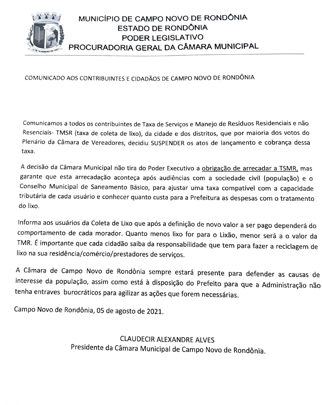 COMUNICADO AOS CONTRIBUINTES E CIDADÃOS DE CAMPO NOVO DE RONDÔNIA.