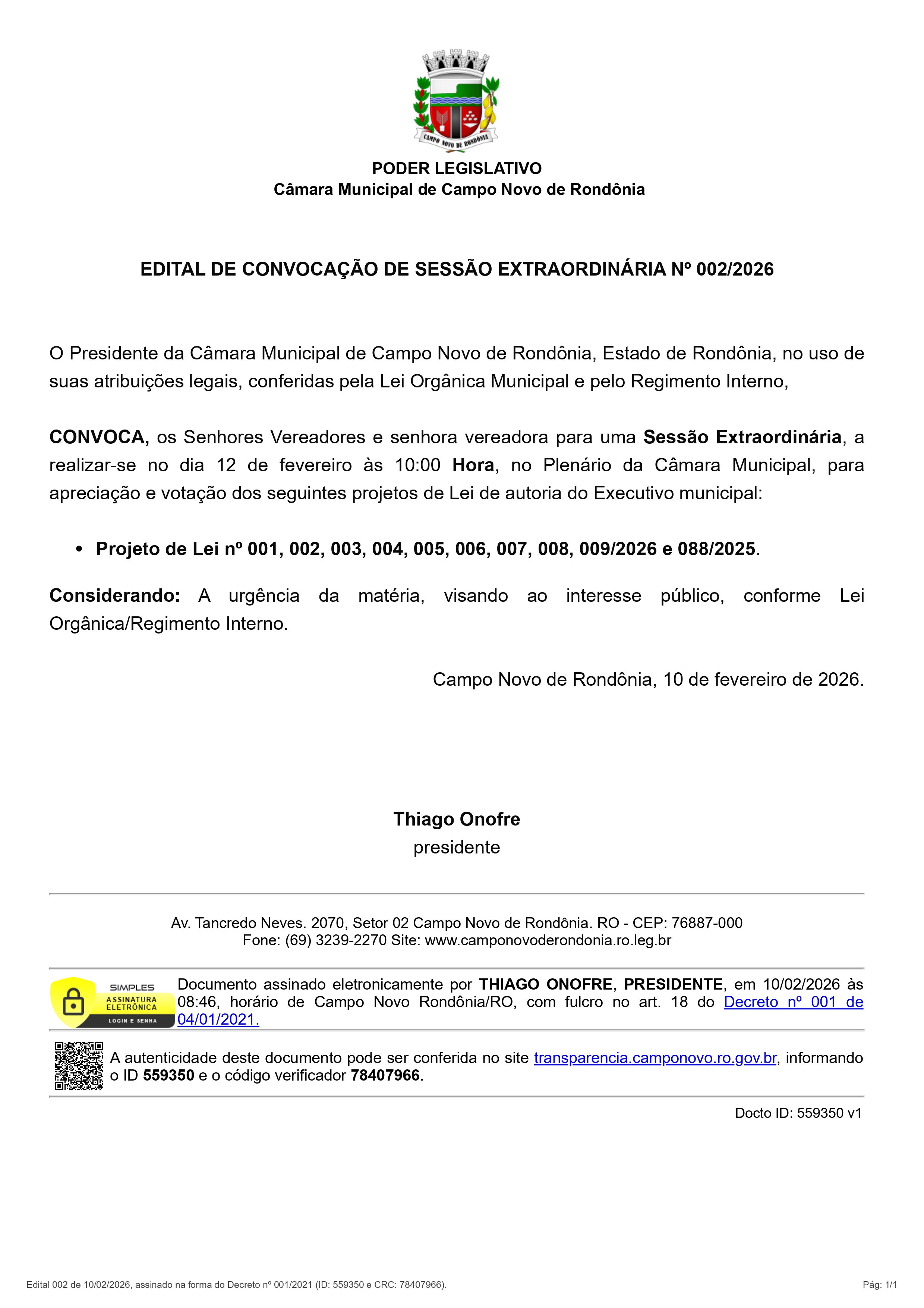 EDITAL DE CONVOCAÇÃO DE SESSÃO EXTRAORDINÁRIA Nº 002/2026 