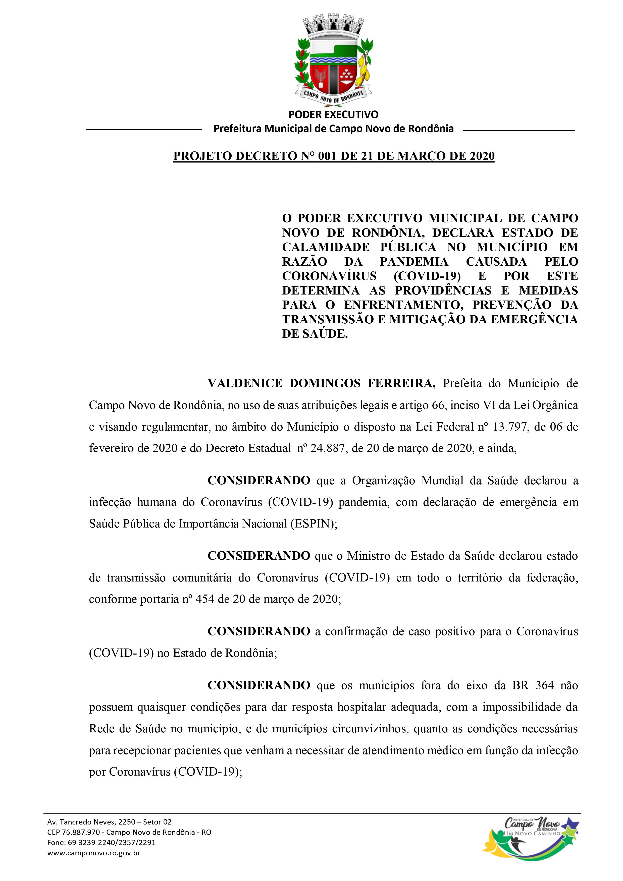 PROJETO DECRETO N° 001 - 2020 E AUTÓGRAFO